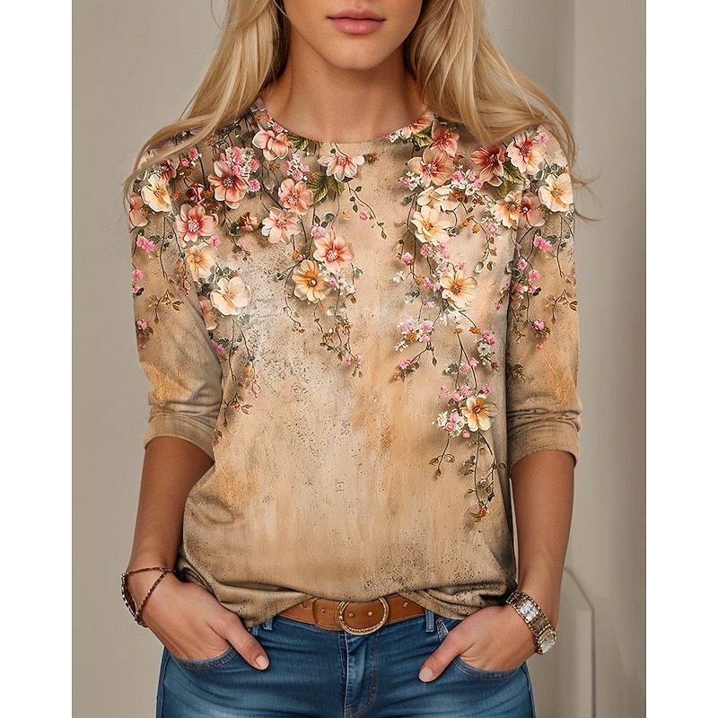 Women's T Shirt Casual Print Regular Tops Daily Yellow Pink Blue Spring Fall