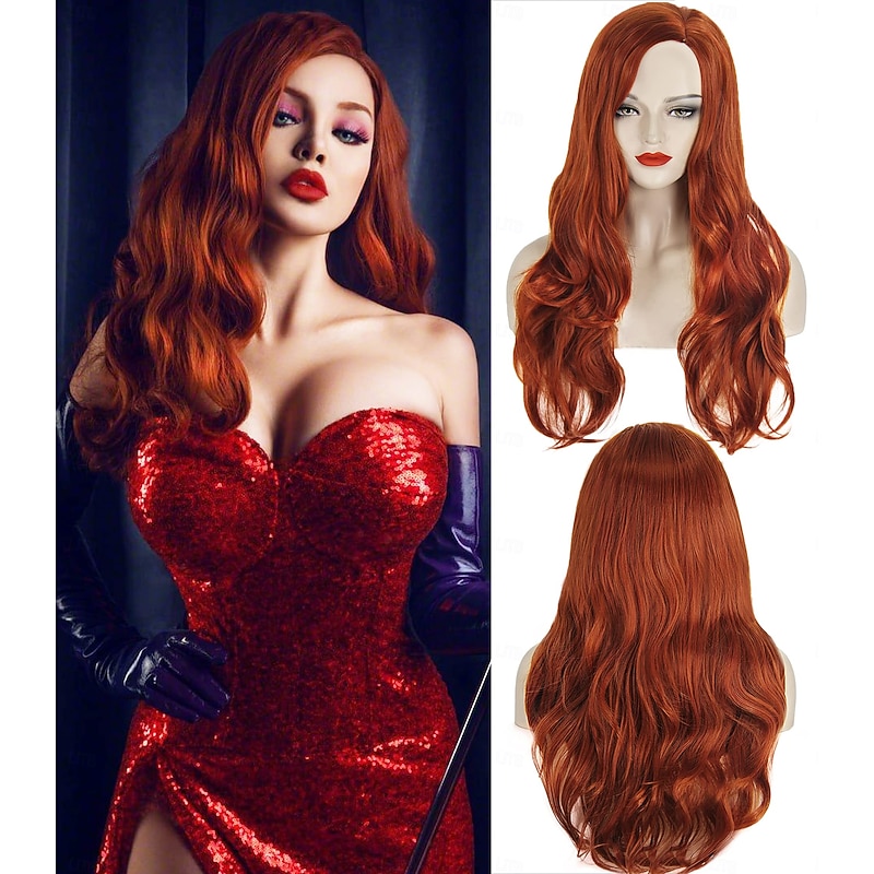 Wigs for Jessica Rabbit Costume Copper Red Mermaid Long Wavy Wigs for Women Halloween Party Daily Use
