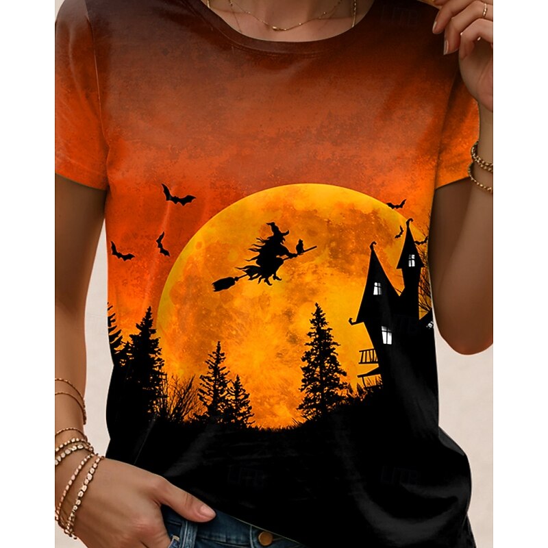 Halloween Women's T shirt Witch Tee Print Daily Casual Short Sleeve Crew Neck Round Neck Orange Summer3