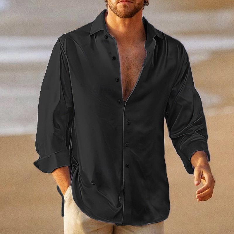 Men's Shirt Summer Shirt Beach Wear Casual Shirt Button Up Shirt Satin Silk Shirt Black Wine Blue Green Long Sleeve Plain Turndown Vacation Daily Clothing Apparel Cotton Cotton Blend Fashion Casual4