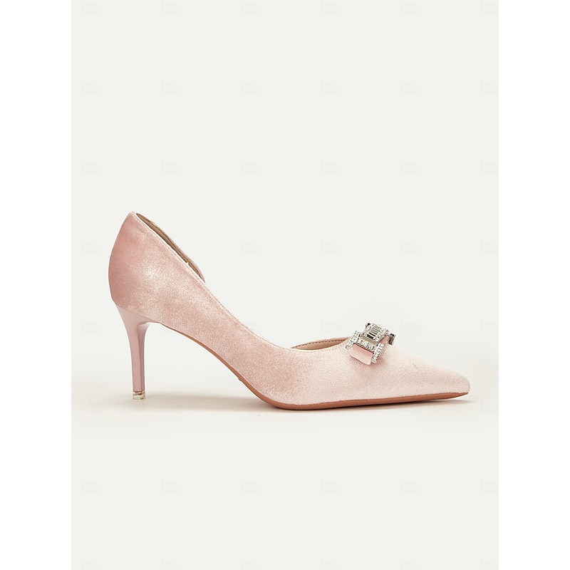Women's Elegant Pink Velvet High Heels with Crystal Buckle, Perfect for Wedding and Formal Events3