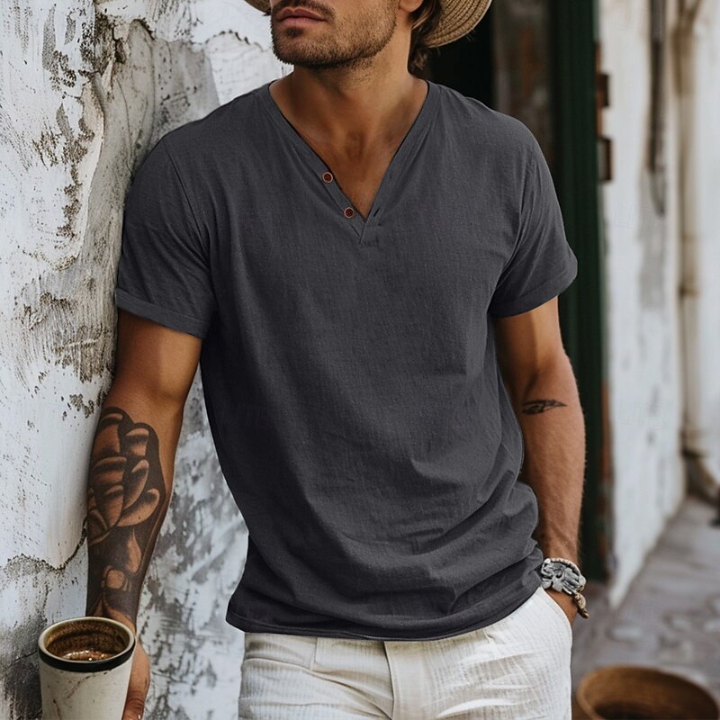 Men's Henley Shirt Tee Top Short Sleeves Plain Fashion Designer Basic V Neck V Neck Vacation Street Going out Summer Light Blue Black White Henley T-Shirt2