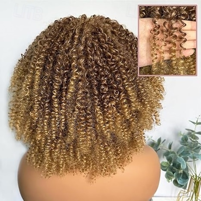 Afro Kinky Curly Wigs for Black Women Short Natural Black Curly Afro Wig with Bangs Synthetic Glueless Full Wig Heat Friendly Afro Bomb Curly Womens Wig4