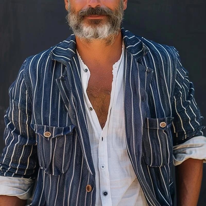 Men's Lightweight Jacket Shirt Jacket Casual Jacket Shacket Daily Vacation Breathable Pocket Spring &  Fall Striped Fashion Classic Lapel Regular Blue Jacket2