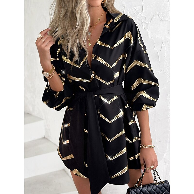 Women's Geometric Sequins Shirt Collar Bishop Sleeves Mini Dress Long Sleeve Spring Fall3