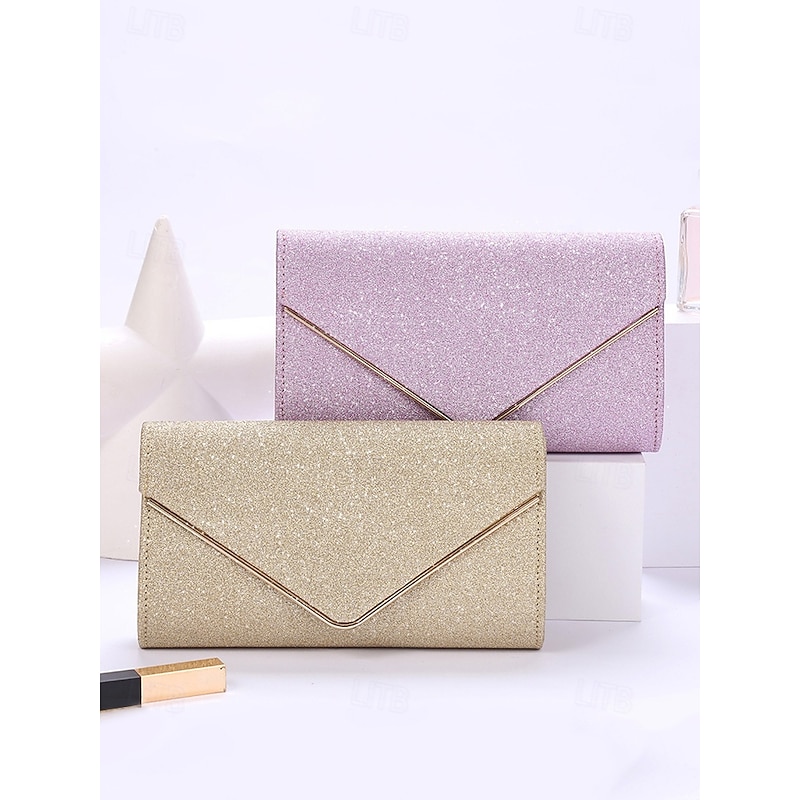 Women's Gold Glitter Envelope Clutch with Chain Strap – Elegant Evening Bag for Weddings and Parties