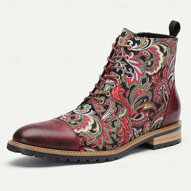 Men's Premium Leather Floral Oxford Boots – Vintage Paisley Design, Bohemian Lace-Up Ankle Boots for Casual & Formal Occasions3