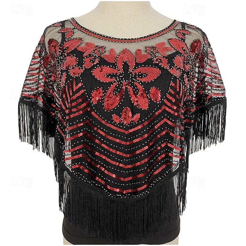 Vintage Glamour Shawl - Breathable, Sequin-Embellished, Tassel-Trimmed, Elegant Flapper Style with Matching Coat for Women's Evening Wear - Thin, Short, Smock Design, Perfect for Formal Occasions2