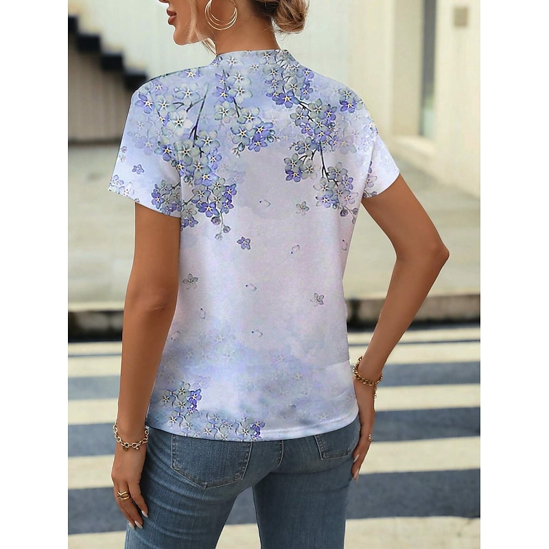 Women's T Shirt Casual Print Short Sleeve Regular Tops Daily Pink Blue Summer3