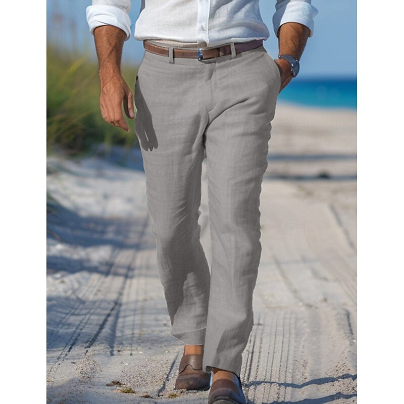 Men's Linen Pants Trousers Dress Pants Summer Pants Beach Pants Straight Leg Plain Comfort Outdoor Casual Daily Streetwear Stylish White Navy Blue