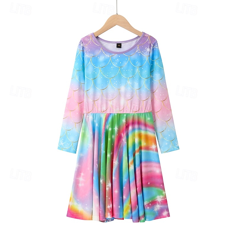 Kids Girls' Dress Rainbow Mermaid Long Sleeve Casual Crewneck Adorable Daily Polyester Above Knee Casual Dress Swing Dress A Line Dress Fall Winter 3-10 Years Multicolor Yellow Red2
