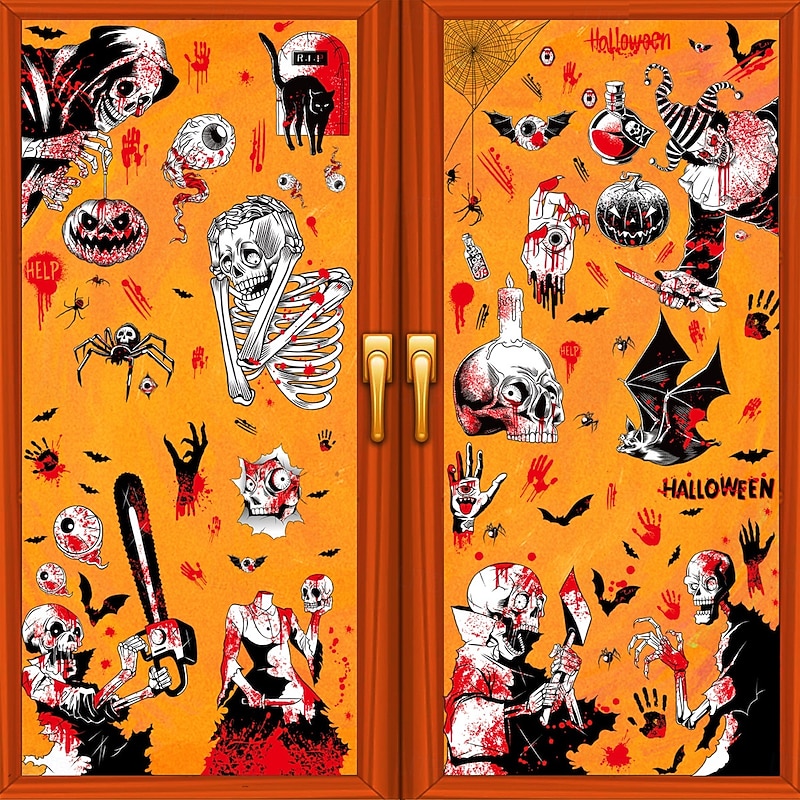 9 Sheets Halloween Window Cling Sticker Decals Decorations Double Side, Clown Grim Reaper Spider Pumpkin Ghost Skeleton Static Stickers for Glass and Halloween Party Supplies4