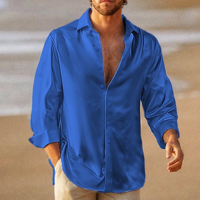 Men's Shirt Summer Shirt Beach Wear Casual Shirt Button Up Shirt Satin Silk Shirt Black Wine Blue Green Long Sleeve Plain Turndown Vacation Daily Clothing Apparel Cotton Cotton Blend Fashion Casual2