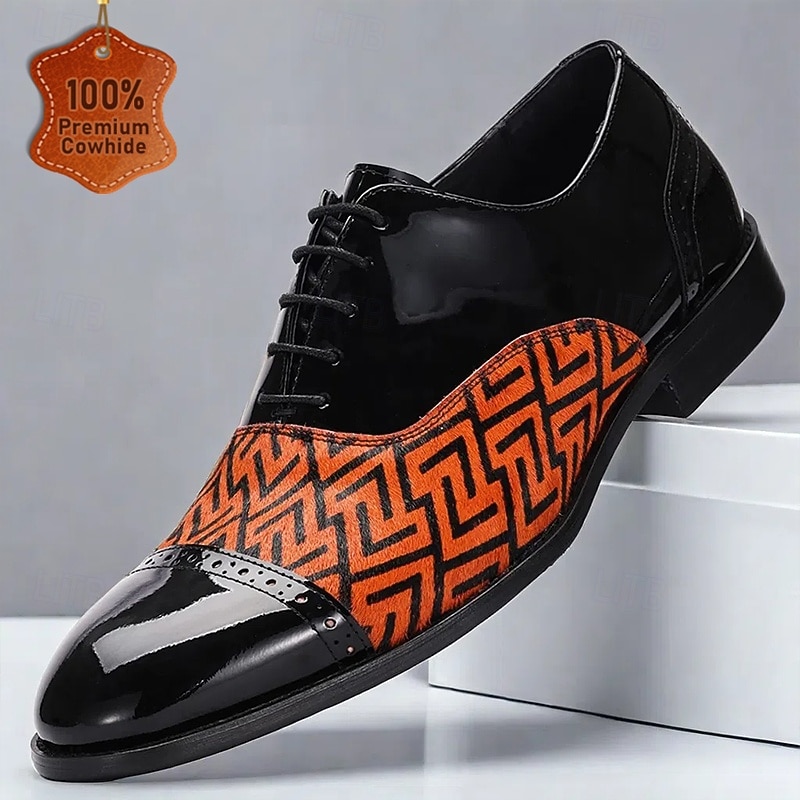 Men's Black Patent Cowhide Leather and Pony Hair Dress Shoes with Geometric Pattern - Stylish Oxford Shoes for Formal Events