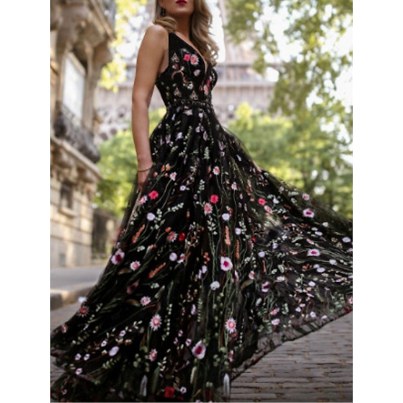 Women's Maxi Dress Black Dress Cocktail Dress Chiffon Dress Swing Dress Elegant Streetwear Maxi Party Wedding Guest Cocktail Party Regular Fit Sleeveless V Neck Black Summer4