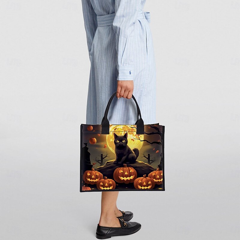 Halloween-Themed Tote Bag with Black Cat and Pumpkin Design - Large Capacity Reusable Shopping Bag for Women4