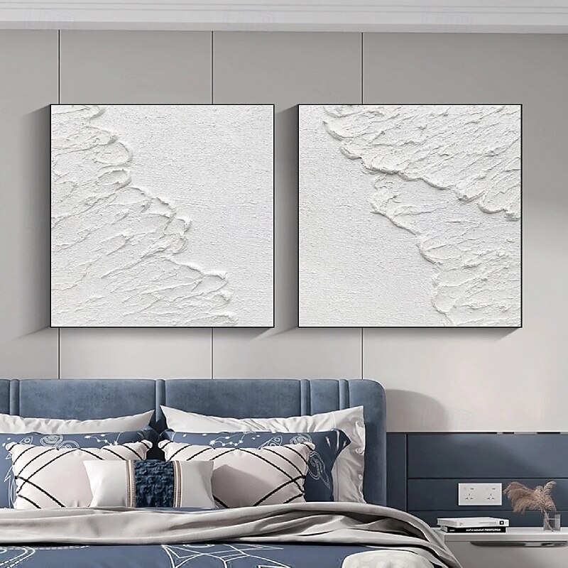 Handmade 3D White Oil Painting on Canvas Large hand painted Abstract Textured Palette Knife Boho oil painting Wall Art Custom Contemporary Minimalist artwork for Living Room bedroom home Decor