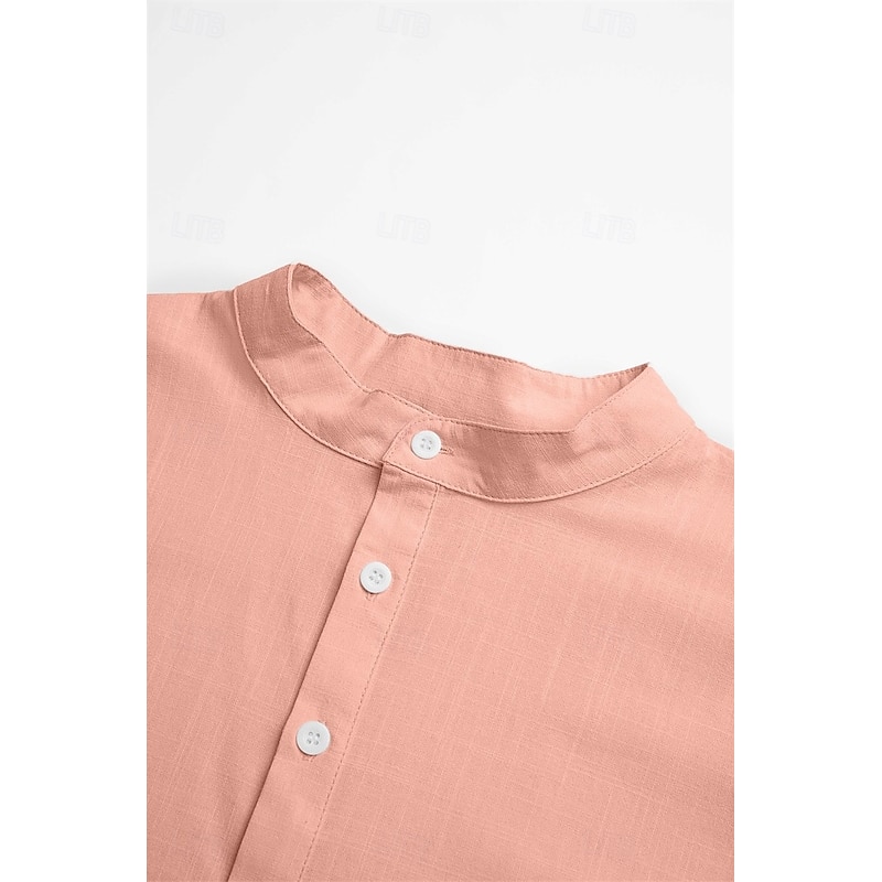 Men's Shirt Linen Shirt Popover Shirt Summer Shirt Beach Wear Band Collar Shirt Plain Vacation Curise Black White Pink Green Short Sleeve Henley Summer Clothing Apparel2