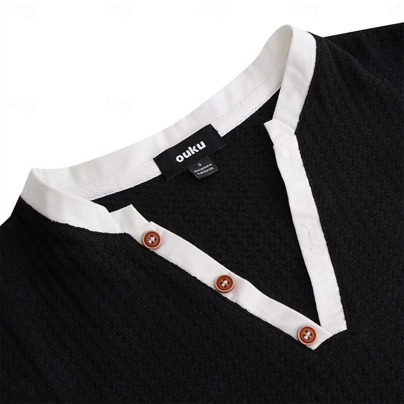 Men's Waffle Henley Shirt Tee Top Long Sleeve Shirt Solid Color V Neck Outdoor Casual Long Sleeve Patchwork Button Clothing Apparel Fashion Designer Comfortable 6