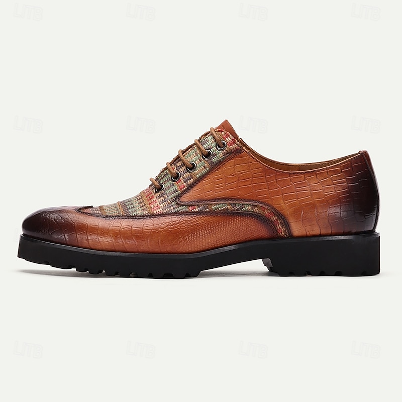 Men's Leather and Woven Pattern Oxford Shoes - Vintage Style with Crocodile Embossed Accents for Fashion-Forward Wear4