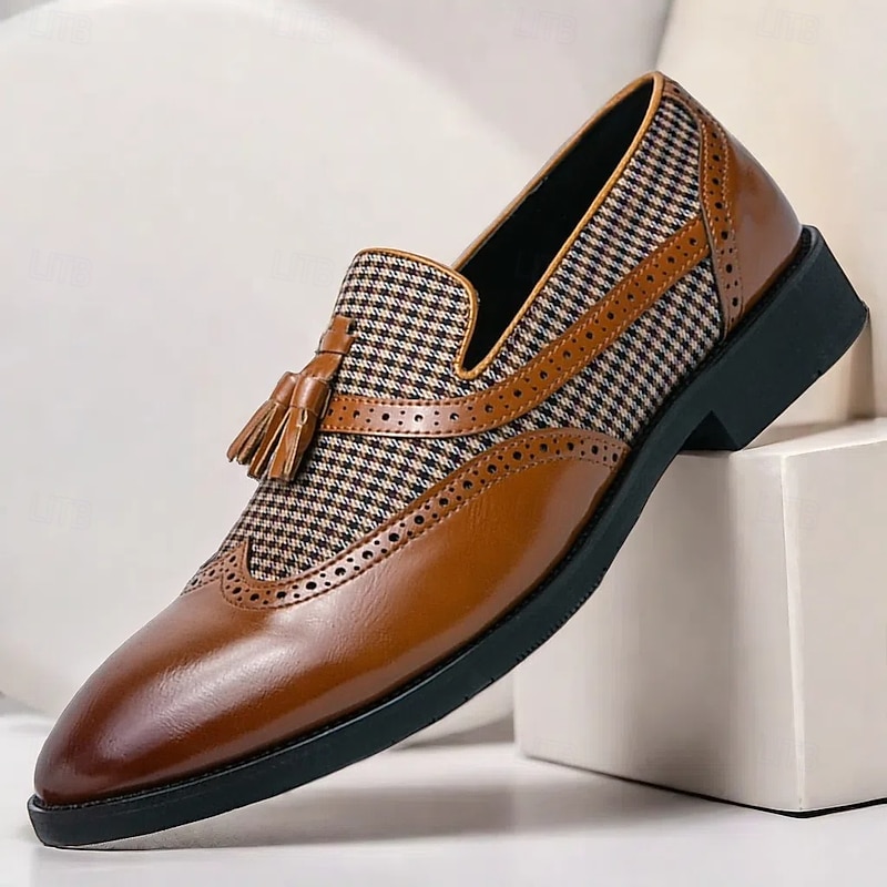 Men's Brown Faux Leather and Plaid Tassel Loafers – Vintage Brogue Slip-On Shoes for Formal and Casual Wear