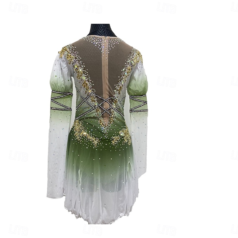 Figure Skating Dress Women's Girls' Ice Skating Dress Forest Green Patchwork Thumbhole Mesh Spandex Stretchy Training Practice Professional Skating Wear Thermal Warm Crystal / Rhinestone Long Sleeve2