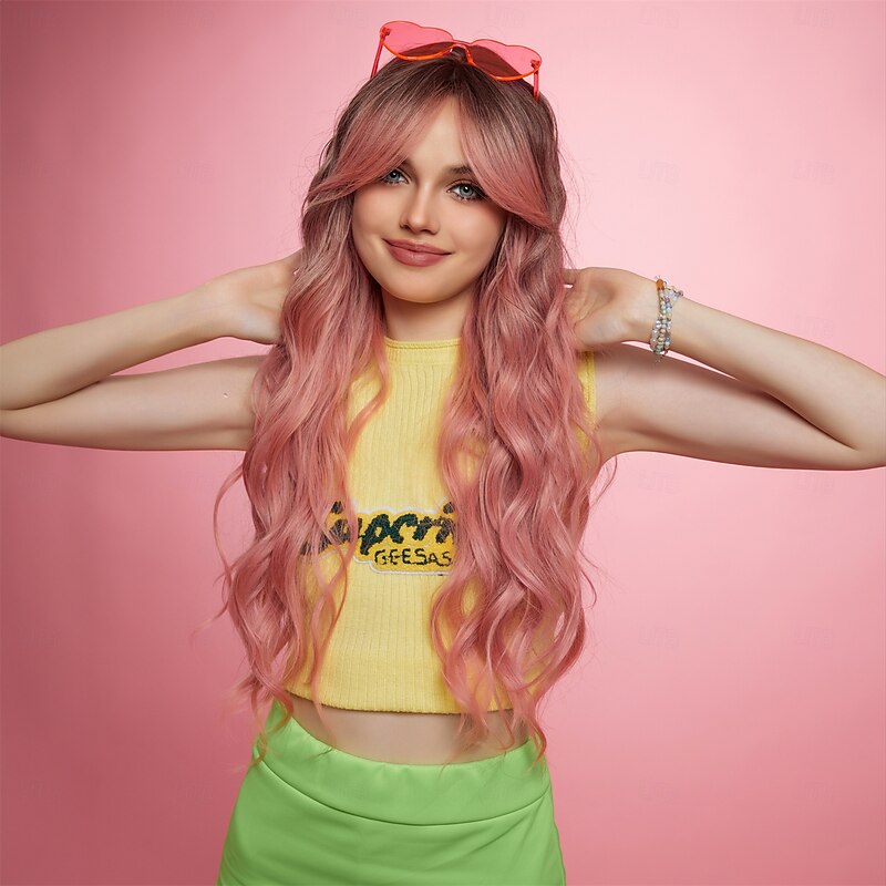 Synthetic Wig Uniforms Career Costumes Princess Wavy Loose Curl Middle Part Layered Haircut Machine Made Wig 26 inch Black / Pink Synthetic Hair Women's Cosplay Party Fashion Pink2