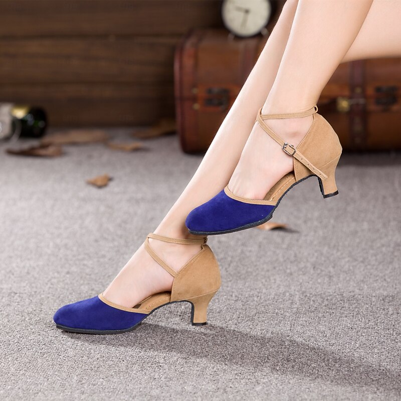 Women's Two-Tone Blue and Beige Suede Cross-Strap Dance Shoes, Comfortable Heels for Latin and Ballroom Dancing3