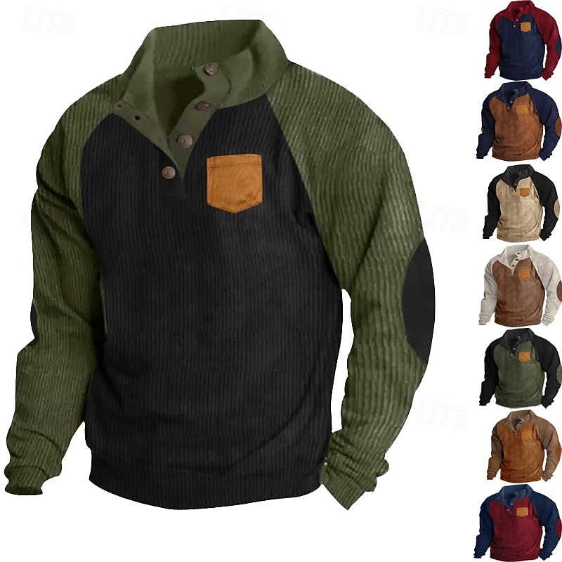 Men's Sweatshirt Apricot Light Khaki. Black Wine Army Green Standing Collar Color Block Patchwork Ribbed Textured Sports & Outdoor Daily Holiday Polyester Corduroy Streetwear Basic Casual Spring