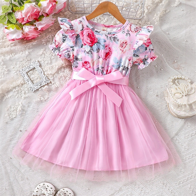 Easter Girls' 3D Floral Dress Short Sleeve Summer Vacation Daily Holiday Princess Beautiful Sweet Little Kids(4-7ys) 4-7 Years Casual Dress A Line Dress Tulle Dress Knee-length Regular Fit3