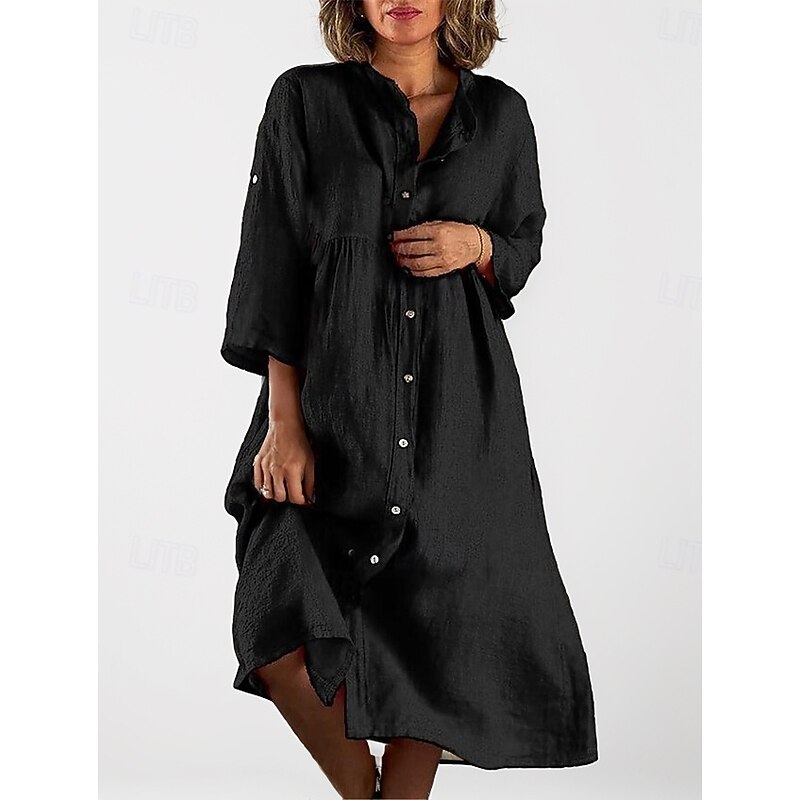 Women's Black White Yellow Summer Spring Midi Dress Linen-Inspired Dresses Shirt Dress Casual Dress Basic Modern Daily Weekend Loose Fit Plain Shirt Collar