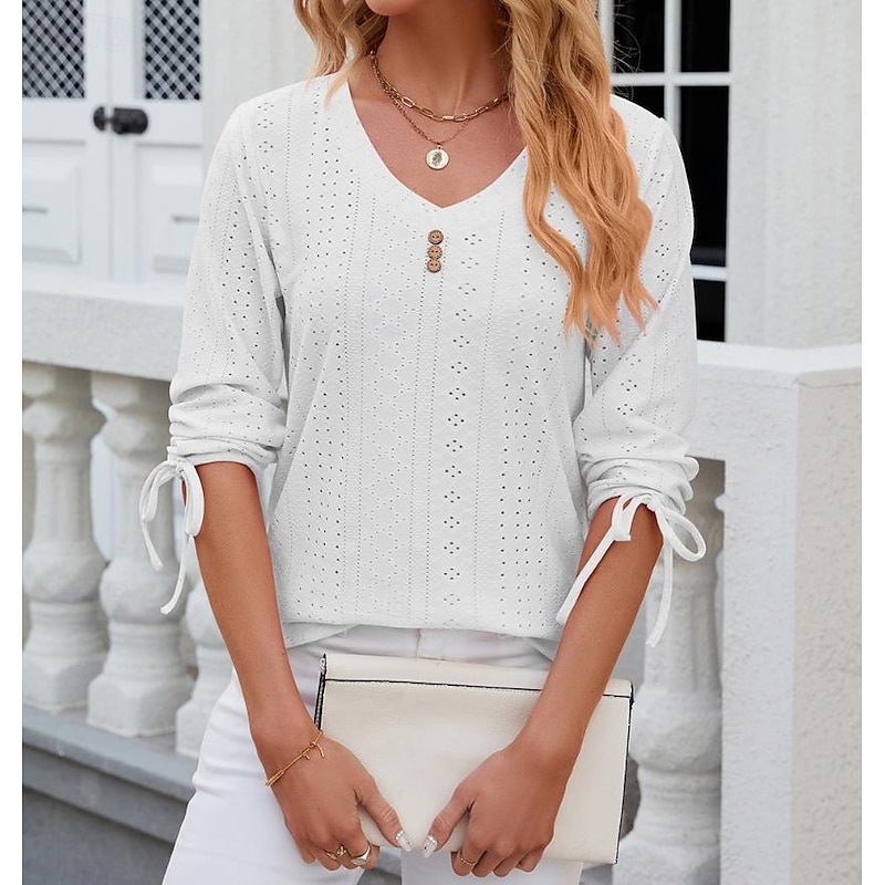 Women's White Elegant Lace Tops Eyelet Blouse Stylish Modern Solid Color Buttons Eyelet 3 4 Length Sleeve V Neck Daily Romantic Petite Tops Summer Holiday Wear White Pink Purple Green Summer Spring2