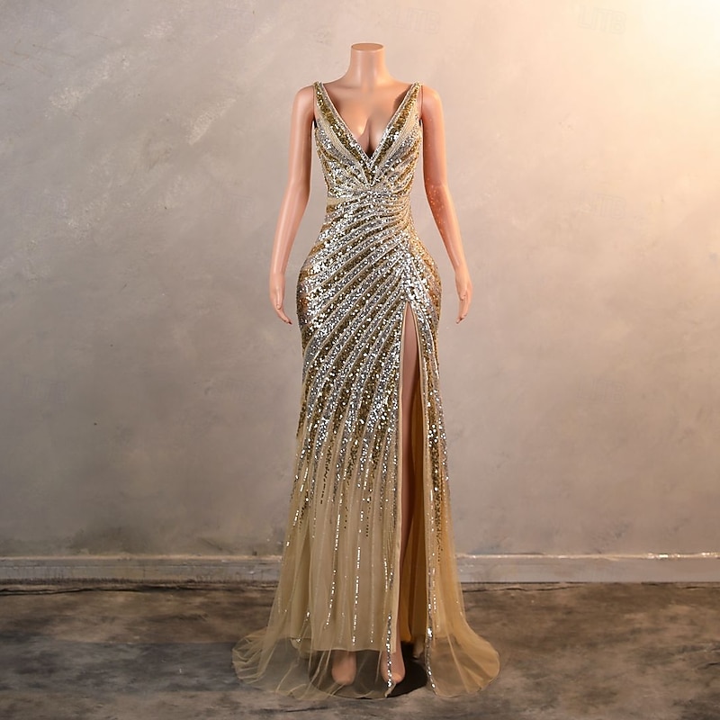 Mermaid Gold Evening Gown Sequined Elegant Dress Evening Party Engagement Court Train Sleeveless Queen Anne Fall Wedding Guest Backless with Beading Sequin Masquerade Dress3
