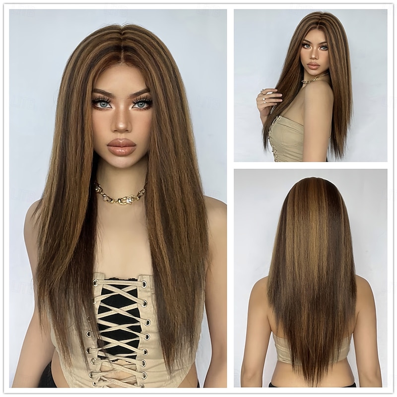 Synthetic Lace Wig Straight Style 24 inch Brown with Golden Highlights Middle Part 13x5x1 Lace Front Wig Women's Wig Golden Brown With Blonde