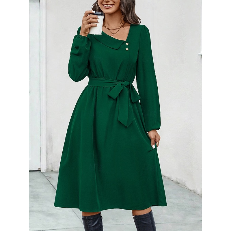 Women's Midi Dress Elegant Dark Green Long Sleeve Belted V-Neck Button Detail Work Casual A-line Flowy Versatile Autumn Spring Clothing Apparel