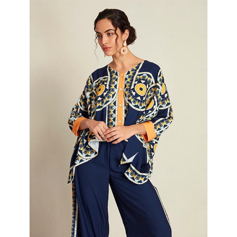 Women's Blouse Navy Blue Folk Magyar Long Sleeve V Neck Irregular Hem Casual Daily Cross Seasons