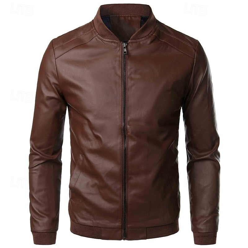 Men's Leather Jacket Casual Jacket Biker Jacket Daily Vacation Windproof Warm Pocket Fall & Winter Plain Fashion Classic Stand Collar Regular Faux Leather Black Brown Jacket3