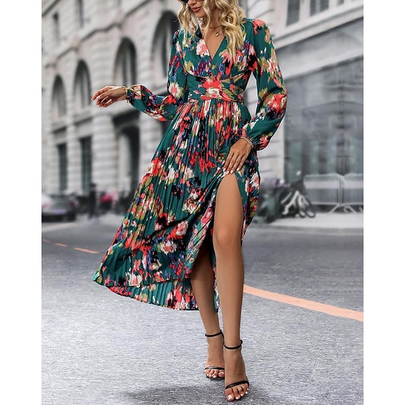 Women's Graphic Print V Neck Long Dress Maxi Dress Long Sleeve Spring Fall3