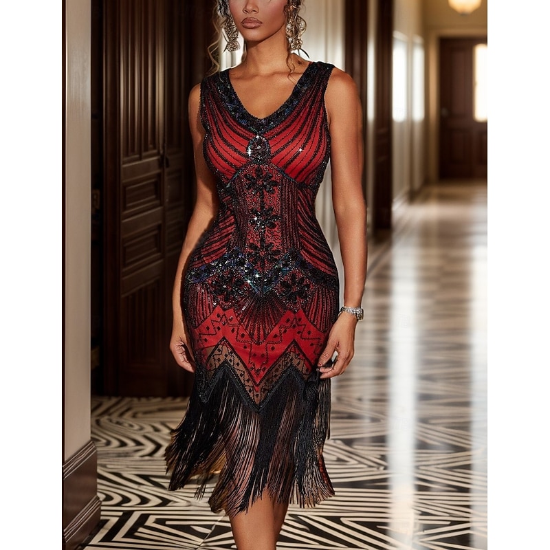 Women's Midi Dress Sequin Dress Vintage Dress Elegant Dress Elegant Retro Boho Daily Evening Party Holiday Regular Fit Geometric Sleeveless V Neck Red Summer Spring4