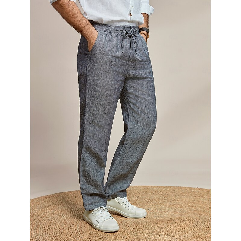 Men's 100% Linen Pants Trousers Casual Pants Drawstring Elastic Waist Straight Leg Plain Comfort Breathable Casual Daily Holiday Fashion Classic Style Dark Gray3