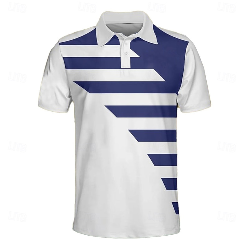 Men's Striped Sports Polo Shirts Golf Shirt Short Sleeve Polo Shirts Collared Shirts Sportswear Vacation Wear Buttons 3D Print Summer Blue2