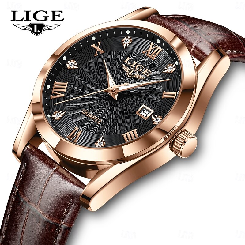 LIGE Men Quartz Watch Business Calendar Waterproof Leather Strap Watch