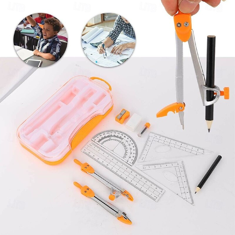 10pcs Geometry Compasses Set With Storage Box Rulers Protractor Compass Eraser Sharpener Lead Refills Pencil4
