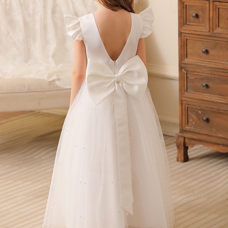 Kids Girls' Flower Girl Dress Party Dress Solid Color Sleeveless Wedding Party Special Occasion Backless Zipper Tie Knot Adorable Sweet Polyester Maxi Party Dress Summer Spring Fall 4-13 Years White2