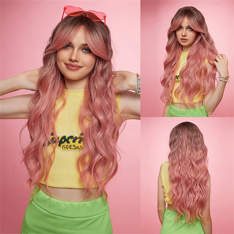 Synthetic Wig Uniforms Career Costumes Princess Wavy Loose Curl Middle Part Layered Haircut Machine Made Wig 26 inch Black / Pink Synthetic Hair Women's Cosplay Party Fashion Pink