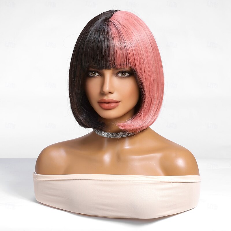 Synthetic Wig Uniforms Career Costumes Princess Straight kinky Straight Middle Part Layered Haircut Machine Made Wig 12 inch Black / Pink Synthetic Hair Women's Cosplay Party Fashion Black3
