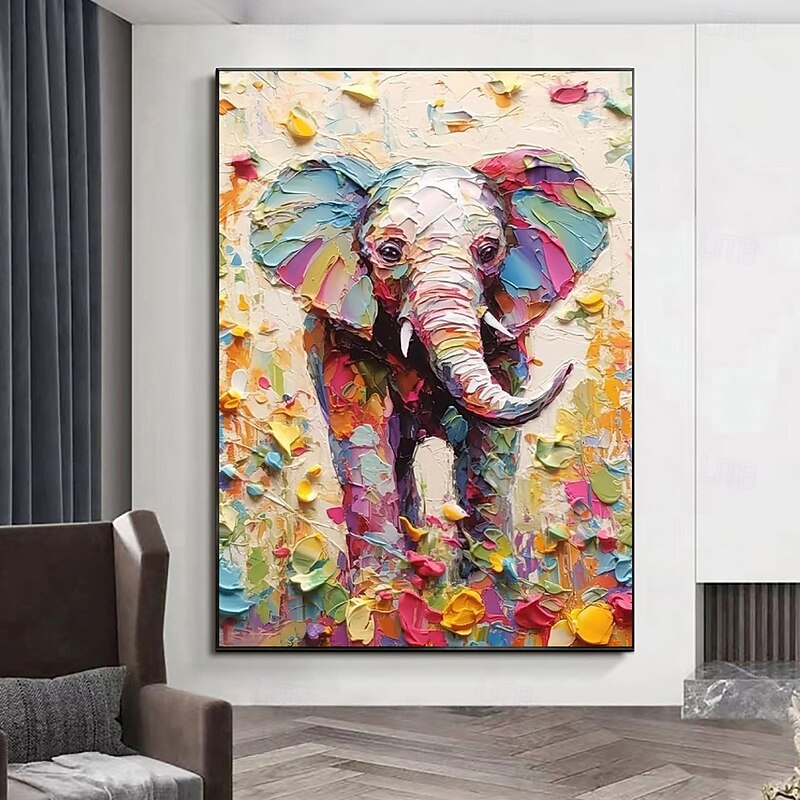 Handmade Oil Paintings Canvas Wall Art Decoration Modern Animal Abstract Coloured Elephant for Home Decor Rolled Frameless Unstretched Painting