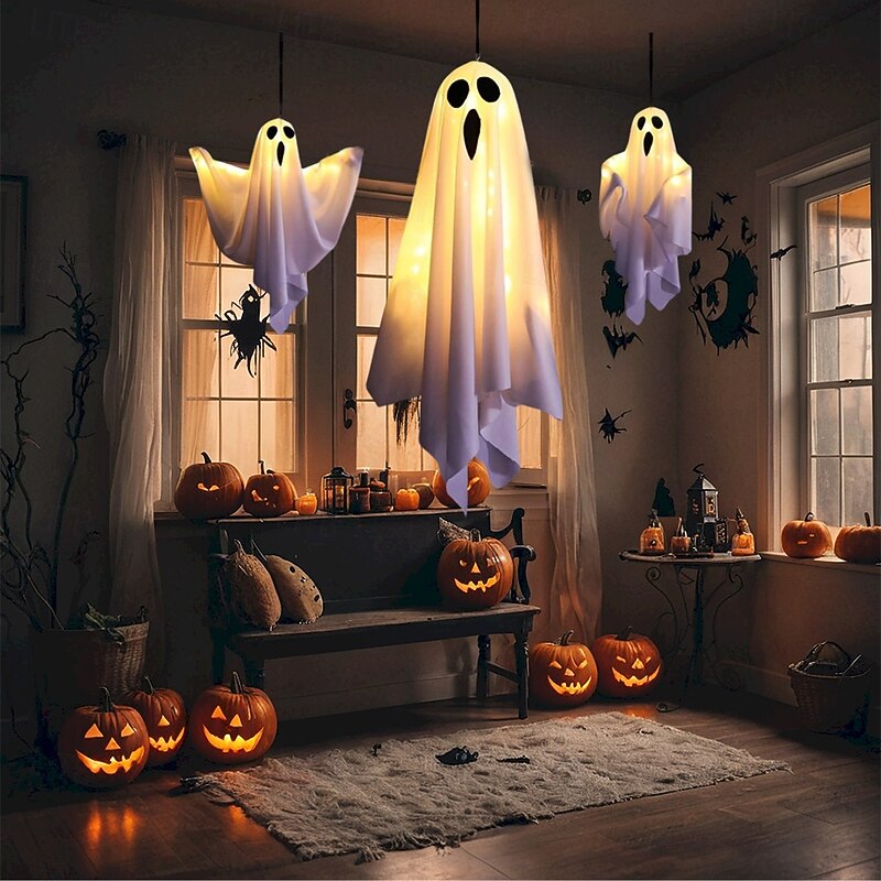 1pc Halloween Decorations Lighted Ghost Hanging Light Porch, Adjustable Arms for Glass Window, Indoor & Outdoor Tree Decor - Festive Atmosphere Decorative Light with 3 Lighting Modes (White & Orange)2