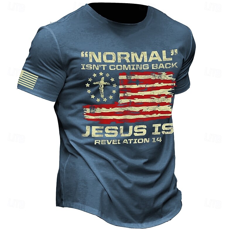 Veterans Day Men's Patriot Patriotic Veteran American US Flag Jesus Christian T shirt Short Sleeve T shirt 3D Print Crew Neck Shirt Retro Vintage Casual Street Casual Bar Blue Green Dark Gray Spring4