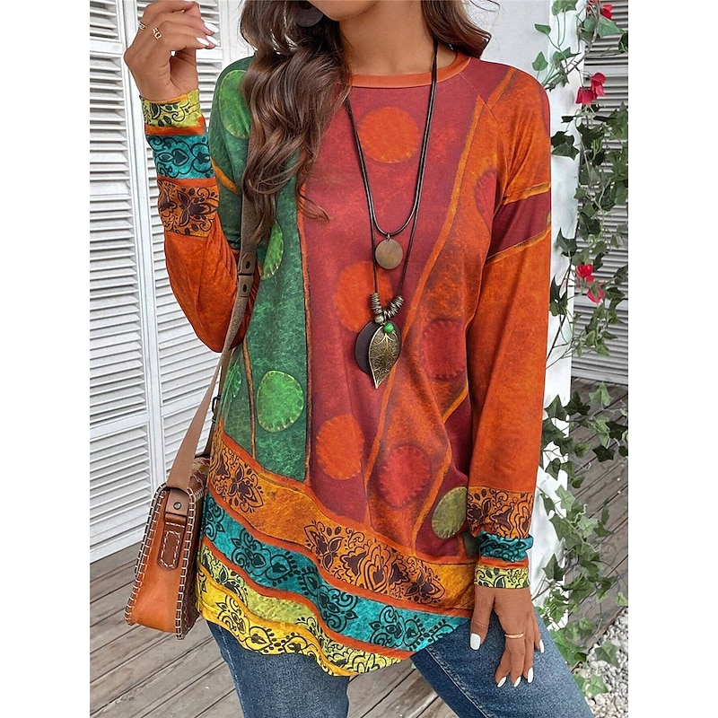 Women's T shirt Long Sleeve Vintage Ethnic Casual Print Long Sleeve Long Tops Crew Neck Daily Red Purple Green Fall Winter Prefall